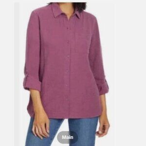 Anne Klein Women's Gauze Button down Blouse Rolled Cuffs Cotton purple, S, M, L